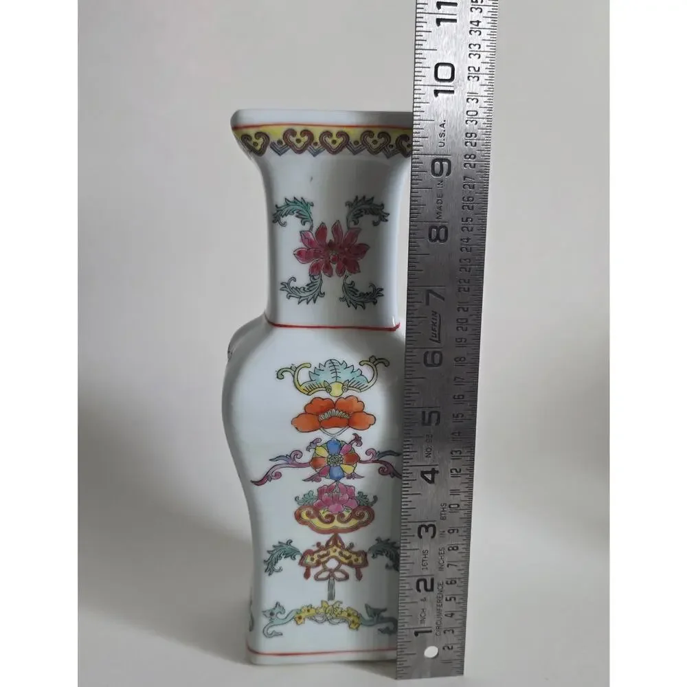 Chinese Porcelain Square Vase Hand Painted Floral Decor 10